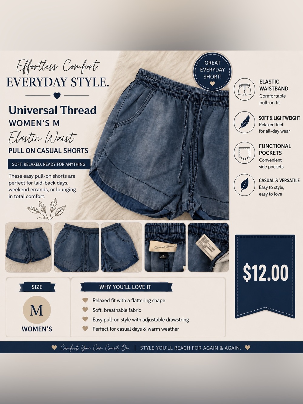Universal Thread M Blue Pull-On Shorts Elastic Waist Drawstring Lightweight